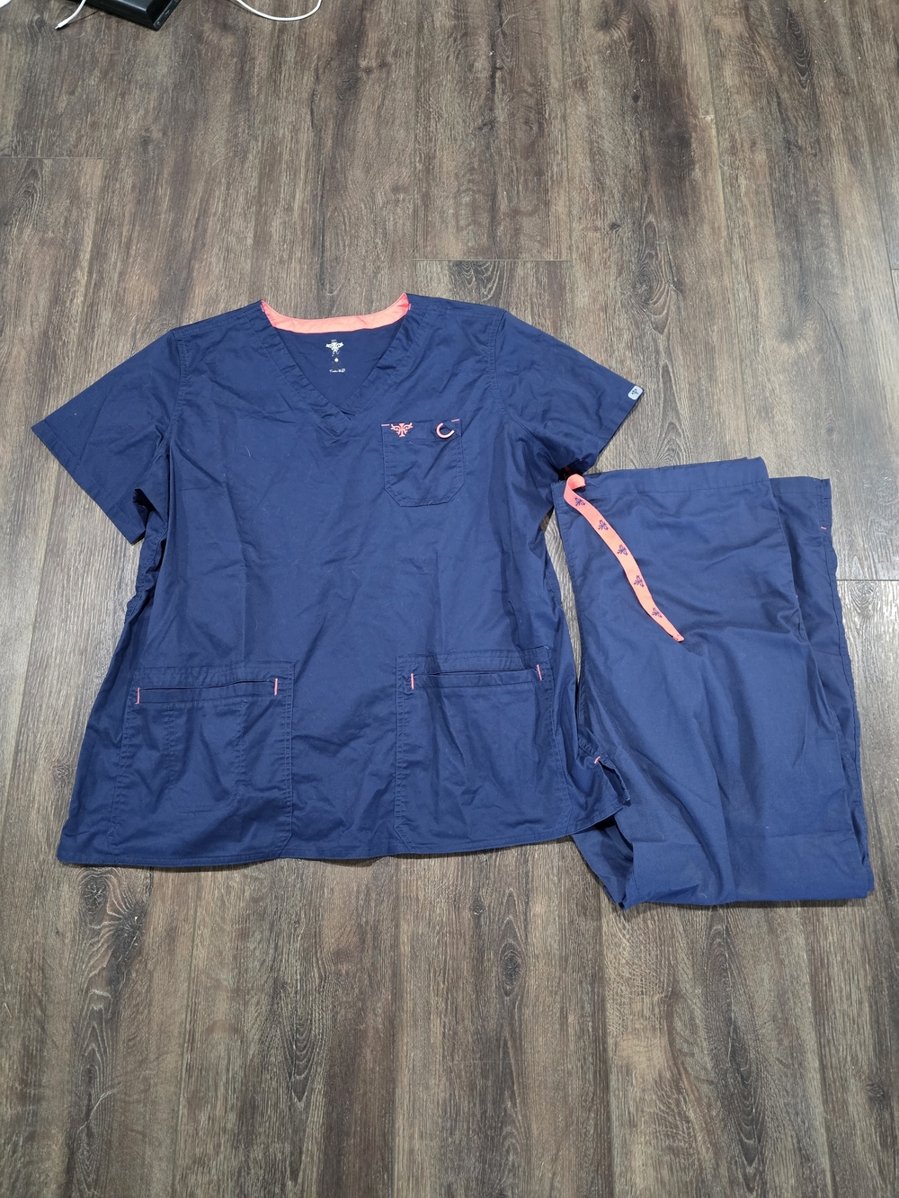 Med Couture Navy Medical Top with Coral Trim